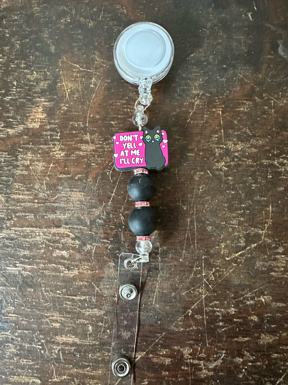 Cute Black Cat Beaded Badge Reel Key & Card Holder - Pink Accent